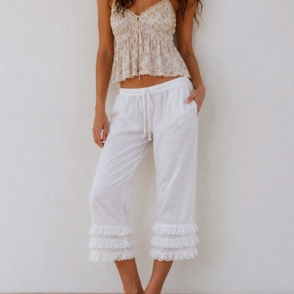Vintage Lace Ruffle White Bloomers Trousers Capris Pants XL Romantic Victorian